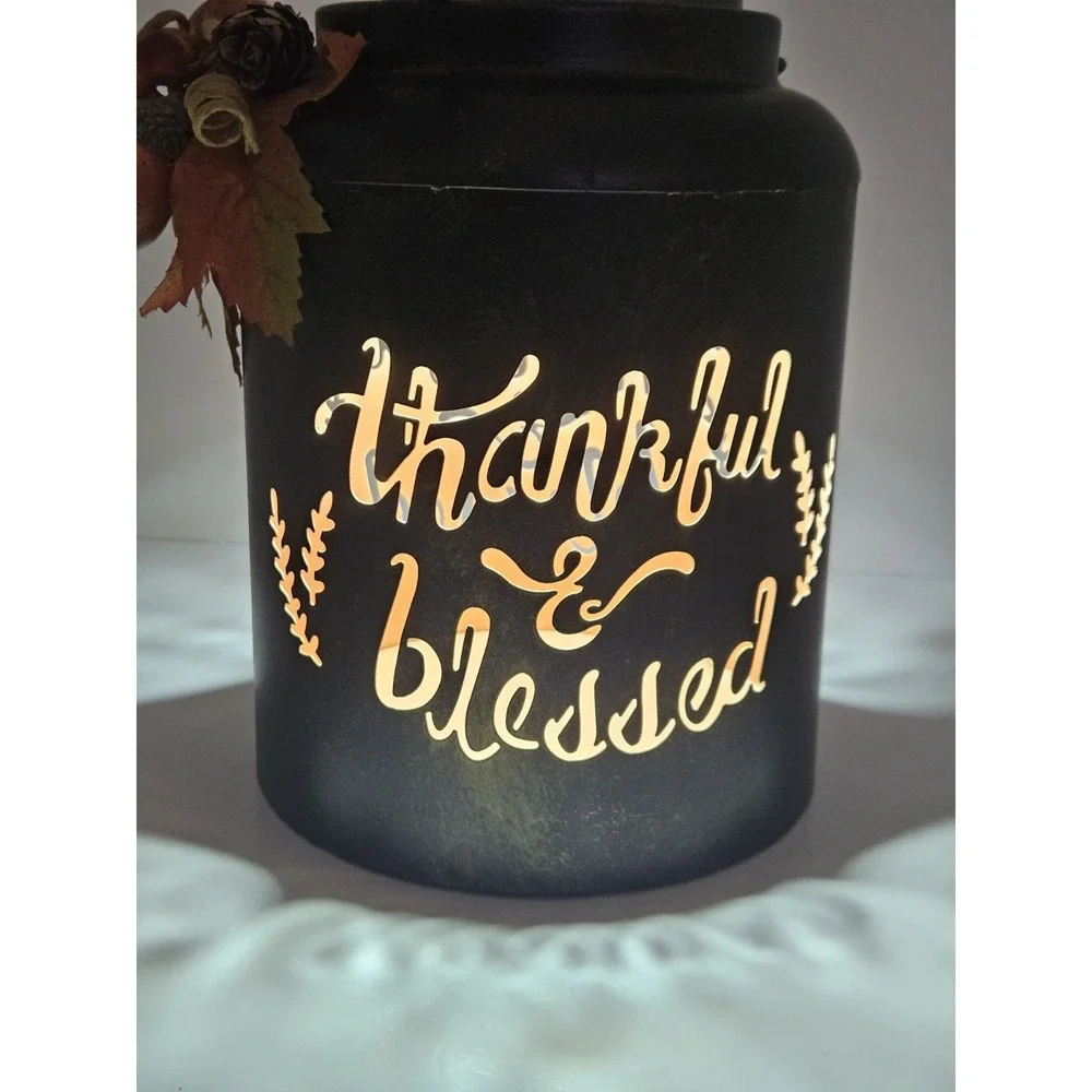 Thankful & Blessed Metal Candle Holder Cutout Jar Faux Foliage Acorn Fall Decor